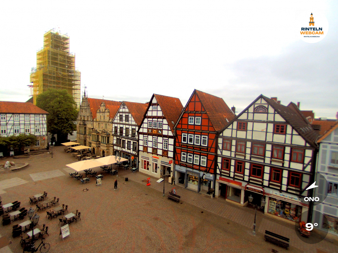 🕒 Update Rinteln (Sicht: Blick auf den Rintelner Marktplatz in Richtung St. Nikolai-Kirche) um 16:00 Uhr: 9°C.