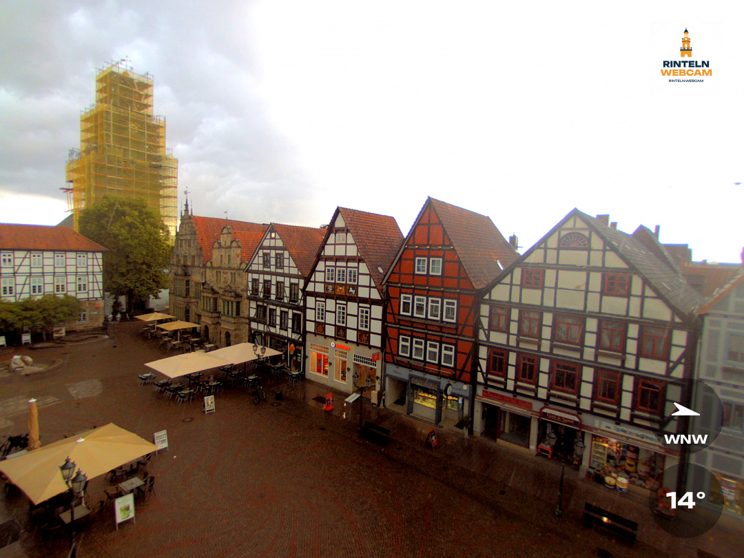 🕒 Update Rinteln (Sicht: Blick auf den Rintelner Marktplatz in Richtung St. Nikolai-Kirche) um 16:00 Uhr: 14°C.